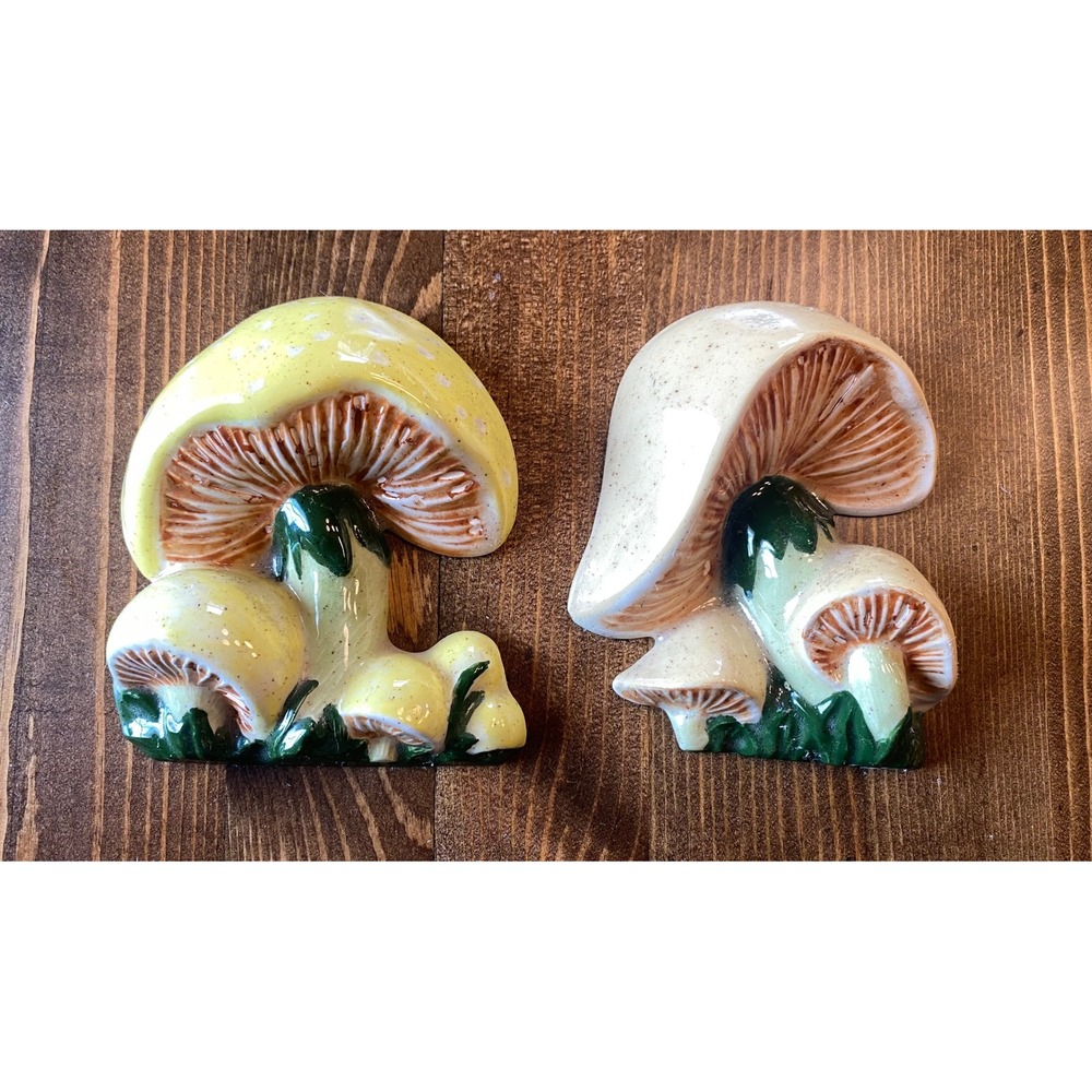 Vintage Ceramic Mushroom Wall Hanging Plaques Set of 2 Yellow Green 70s Decor